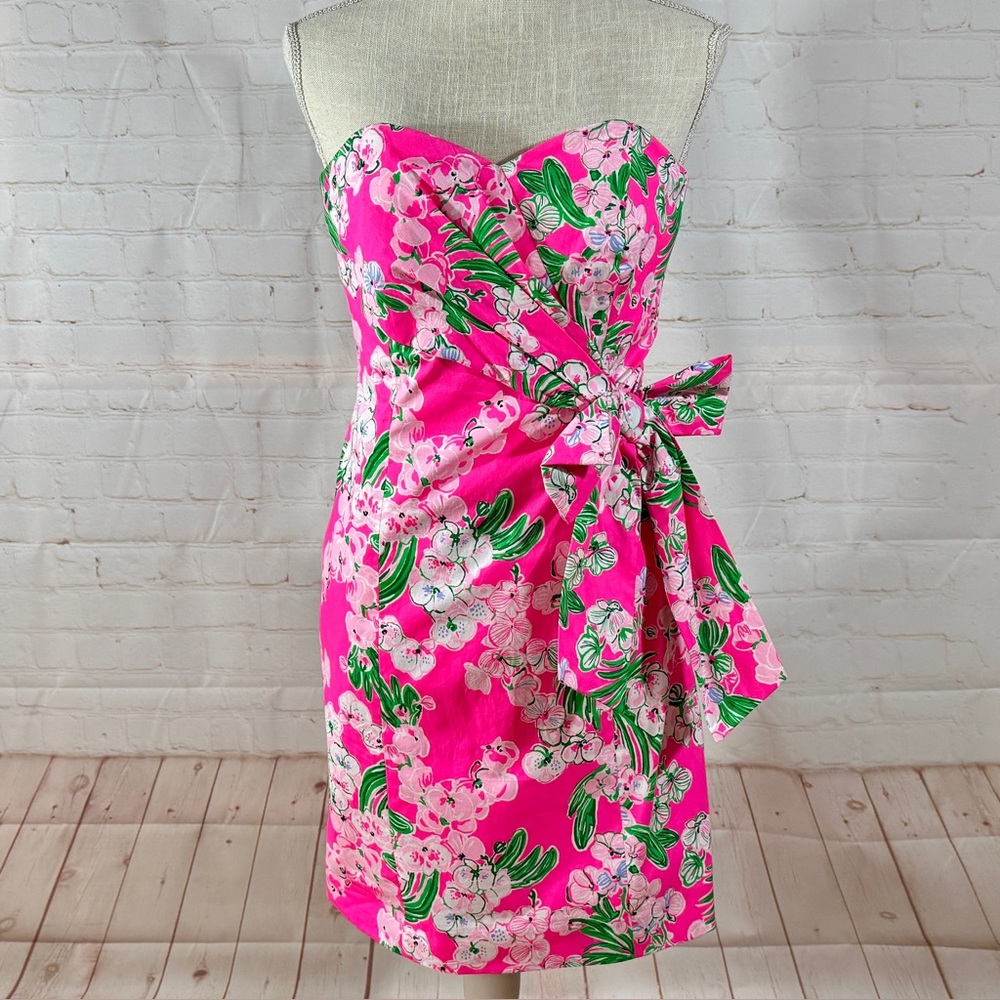 🆕 Lilly Pulitzer Stella Strapless Dress Roxie Pink Green Bow Fitted XS 0 - Picture 6 of 9